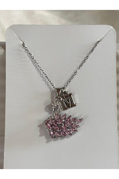 bijoux uniques 316L Steel Pink Zircon Stone Swan m Letter Necklace