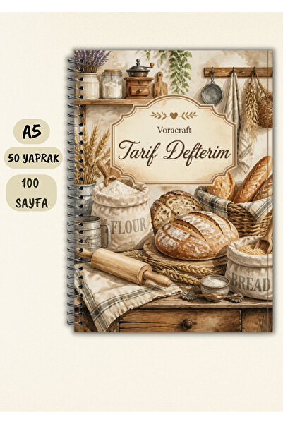 VORACRAFT Rustic Temalı Tarif Defteri, 50 Yaprak /100 Sayfa, A5 / Tel Spiral ...