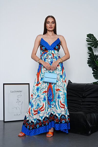NAVY Full Length Strappy Double-Breasted Waist-Tied Viscose Dress