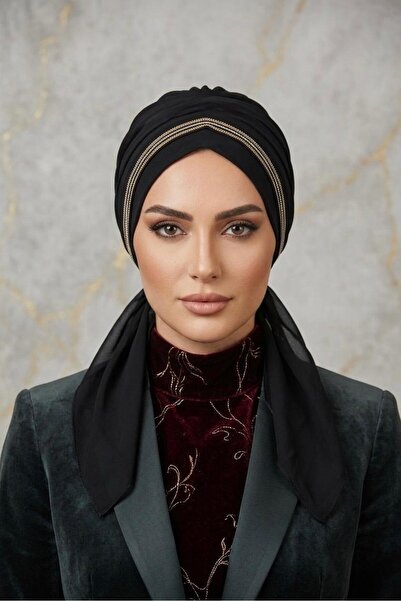 İSTDONATELLA Women's Black Turban with Chain Ribbon and Tie Back Evening Dres...