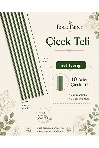 roco paper PVC Plastik Kaplı Yeşil Çiçek Teli 2 mm - 30 cm, 10 Adet Bitki Sab...