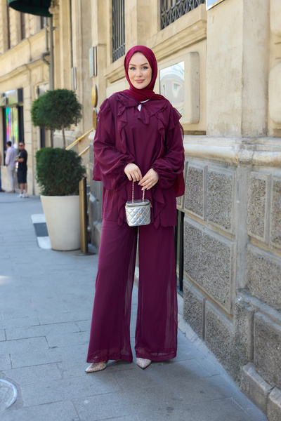 LOCCO Women's Lined Tulle Suit with Ruffle Detail Pants, Plum