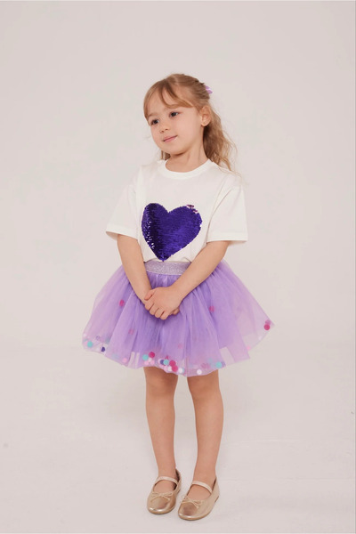 Little Ya Ya Love Girl's Sequin Heart Detail Tshirt&Pompom Skirt&Buckle Set