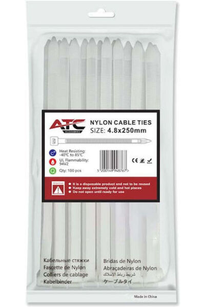 ATC Πλαστικά δεματικά καλωδίων 250mmx4.8mm σε λευκό χρώμα 100 τεμάχια 20.007....