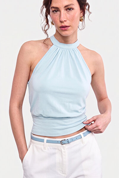 VODENS Turquoise Waist-Fitted 97% Cotton Lace-Up Blouse