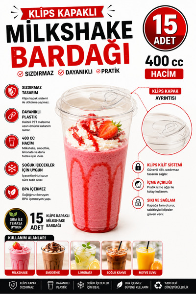 OPTİMEX 400 cc Klips Kapaklı PET Plastik Milkshake Bardağı 15 Adet Şeffaf Soğ...