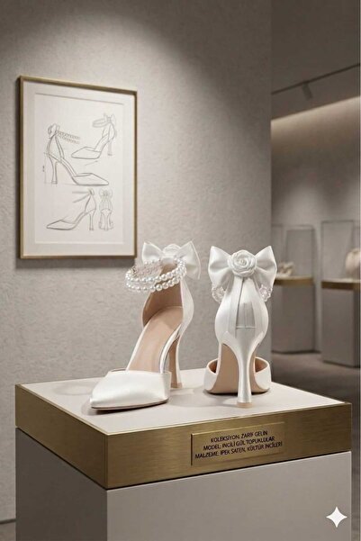 Famels Pearl Double Pearl Heels Lace Embroidered Pearl Ankle and Bow Embellis...