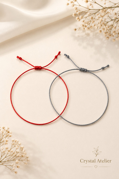 Crystal Atelier Set of 2 Red Gray Rope Bracelets Adjustable Unisex Macrame Lu...