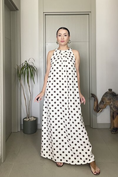 Butik Didem Sakinci Polka Dot Soft Textured Flowy Long Linen Dress