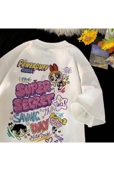 Vordevia Powerpuff Girls Printed White Oversize Unisex T-Shirt Basic Comforta...