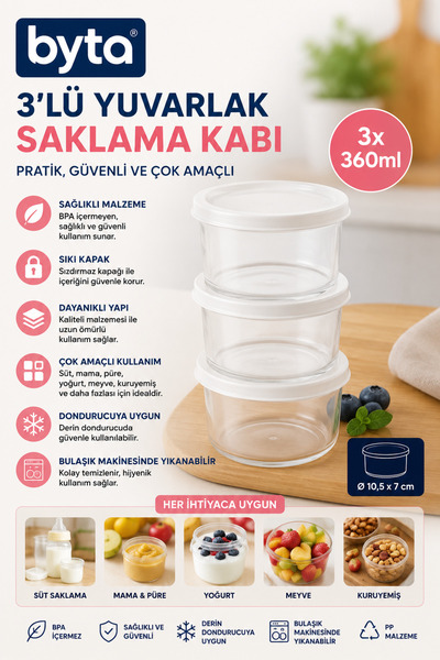 BYTA Set of 3 Round Storage Containers 360 ml – Food Storage Container with L...