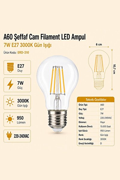 Heka A60 Şeffaf Cam Filament LED Ampul 7W E27 3000K Gün Işığı ERD-310