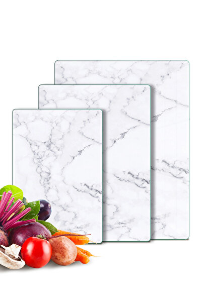 Decovetro 3'lü Cam Kesme Tahtası ve Sunumluk Beyaz Mermer Desenli 20 x 30, 25 x 35 ve 30 x 40 cm