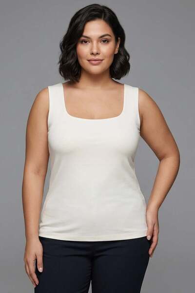 SERTUĞ Trend42Plus Large Size Thick Strap Basic Top - Ecru