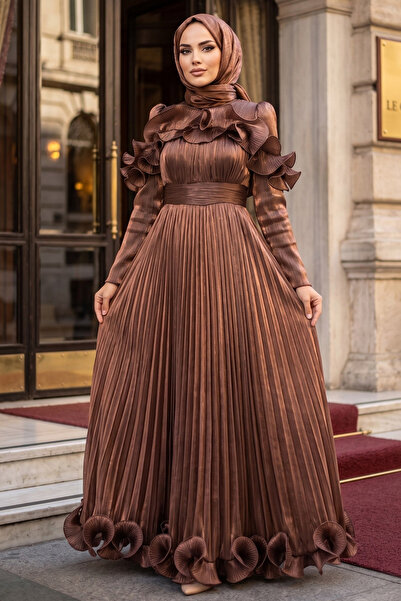 N.S NEVA STYLE Ruffle Detailed Copper Hijab Evening Dress 56612Bkr