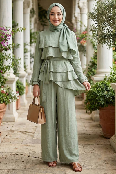 Neva Style Τούλι Modal Mint με βολάν Χιτζάμπ Διπλό Σετ 95728MINT
