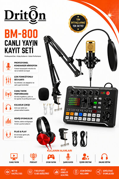 DRİTON BM-800 + F998 SARI PODCAST TİKTOK YOUTUBE YAYINCI CONDENSER MİKROFON V...
