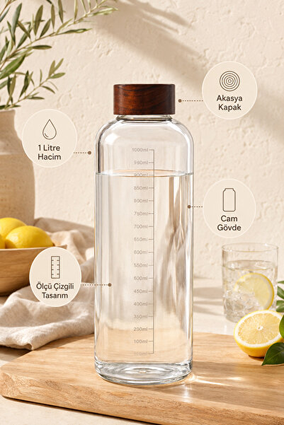 Poomy Akasya Kapaklı 1 Litre Ölçü Çizgili Cam Su Şişesi Matara - 1000ml Sızdırmaz