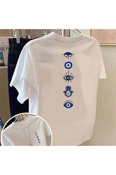 212Wear [ربيع/صيف] تي شيرت نسائي بأكمام قصيرة مع طباعة عين الشيطان على الوجهي...