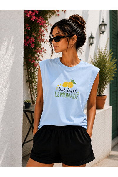 caddekombin Zero Sleeve Lemonade Printed Cotton Combed Crew Neck T-Shirt