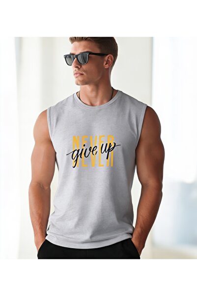 caddekombin Men's Never Give up Written Zero Sleeve Round Neck Gray Sports T-...