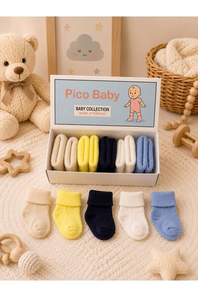 Pico Baby Organik Pamuk Unisex 5'li Kutulu Premium Yeni Doğan Bebek Çorabı