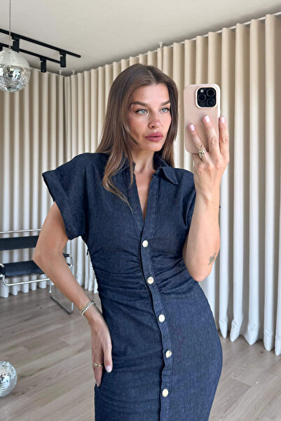 Sue Store Navy Blue Draped Waist Short Sleeve Denim Shirt Dress