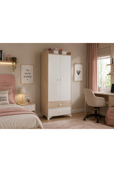 Moonra Home 2 Kapaklı Gardrop Genç Odası Dolabı Meşe Beyaz Gardrop