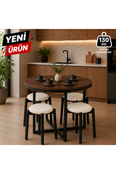 EDMONDA EV AKSESUAR ATLAS YUVARLAK 90 CM PUFLU 4 KİŞİLİK MASA TAKIMI BALKON M...