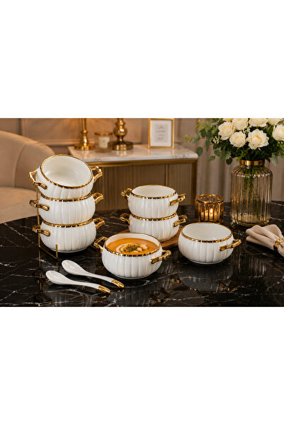 CEZVE HOME Porcelain Soup Bowl Set of 6 with Gold Handles