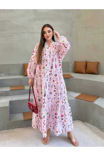 QUAWEAR V-Neck Patterned Viscose Fabric Full Length Dress