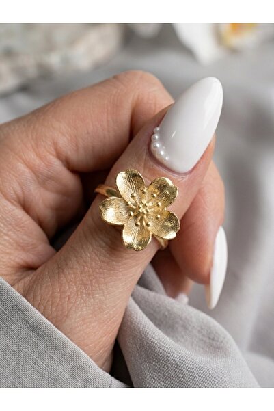 EKİDORA Women's Gold Sakura Flower Adjustable Ring with Zircon Stone Flower F...