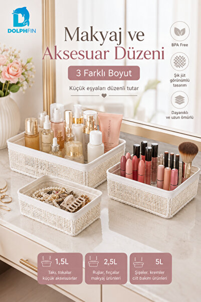DolphFin Jute Çok Amaçlı Sepet 3’lü Set 1,5 L 2,5 L 5 L Mutfak Banyo Dolap İç...