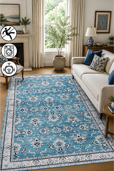 blcmoda Mavi Eskitme Vintage Desenli Baskılı Yıkanabilir Kaymaz Taban Salon O...
