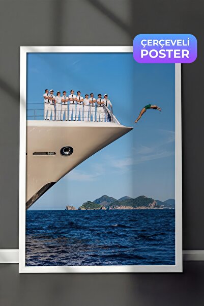 Postifull Yacht and Diver Poster, White Framed Poster, Old Money Series, No:1...