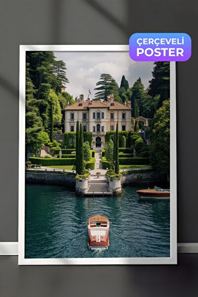 Postifull Classic Villa and Boat Poster, White Framed Poster, Old Money Serie...