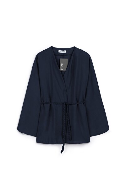 praye Örgü Kemerli Kimono Lacivert
