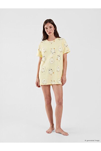LC Waikiki Lcw Young Yellow Crew Neck Patterned Women's Nightgown
