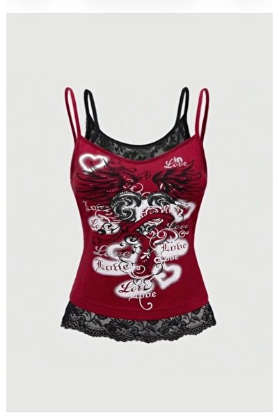 Köstebek Burgundy Gothic Coquette Love Lace Detailed Y2K Strap Blouse