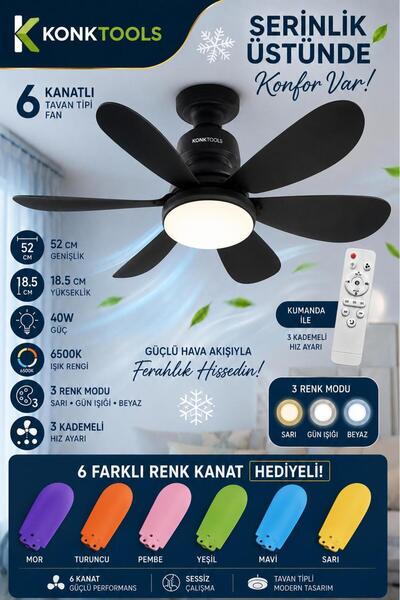 hauswert 6 Kanatlı Tavan Vantilatörü Fan Işıklı 3 Renk Modu Uzaktan Kumandalı...