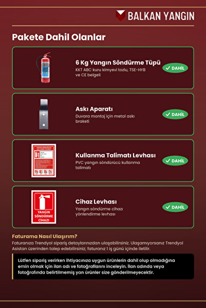 Balkan Ticaret Yangın Söndürme Cihazı 6 Kg Tozlu KKT ABC Askı Aparatı Levha Talimat TSE HYB CE Belgeli