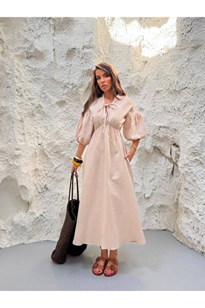 MADAME MELEK Premium Special Edition Muslin Fabric Balloon Sleeve Midi Dress