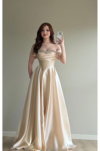 ayşenur Dinçer butik Soft Glam Krem Abiye