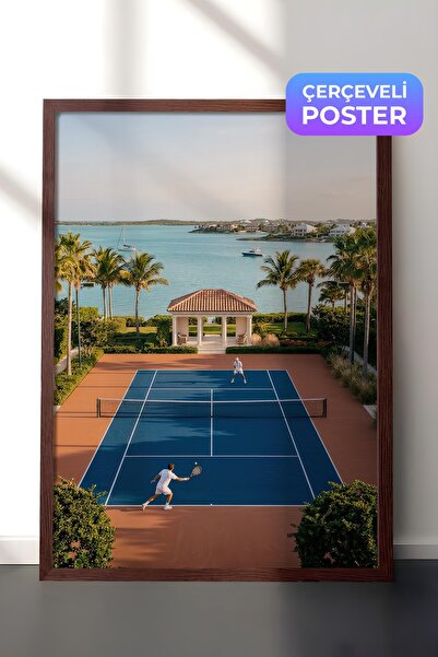 Postifull Tennis Court and Sea View Poster, Brown Framed Poster, Old Money Se...