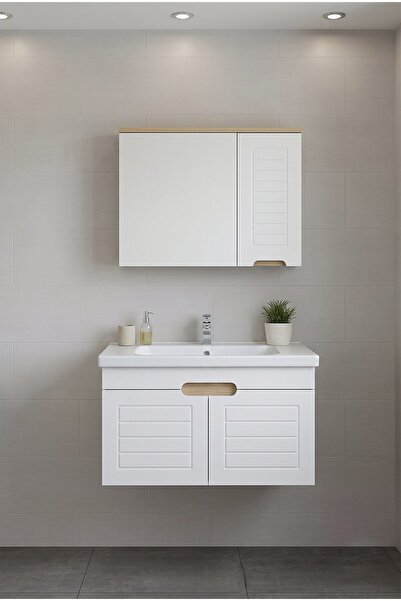 ERTEKPA Zenit 80 cm MDF Aynalı Banyo Dolabı Seti - Beyaz Ahşap Detaylı (Lavab...