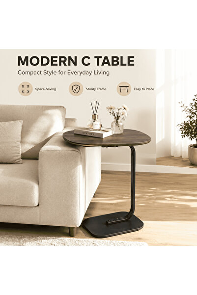 Belco C-Shaped Side Table with Wooden Tabletop & Sturdy Metal Frame – Space-S...