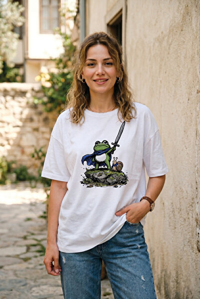 BAGAND Unisex Oversize Knight Frog Printed White T-Shirt Cotton Crew Neck T-S...