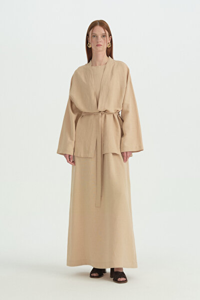 Nihan Belted Linen Short Kimono - Beige