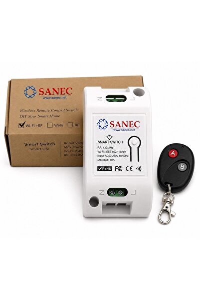 SANEC Akıllı WiFi + RF 433MHz Tek Kanallı 10A Röle Modülü - AC 100-240V Şebek...