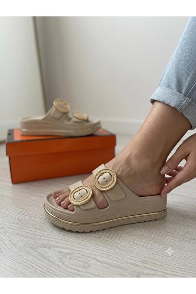 Akınal Bella Beige Padded Sole Round Gold Buckle Non-Slip Sole Daily Pool Bea...